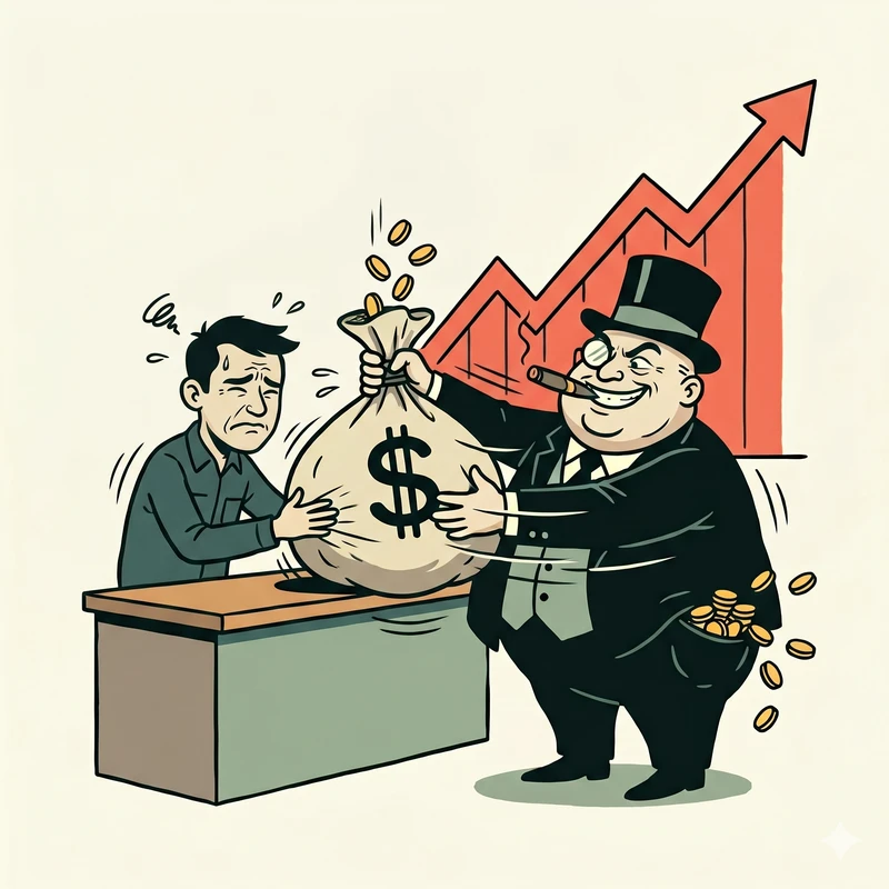 Telecom cost inflation — business owner handing cash to fat cat telecom CEO while costs skyrocket